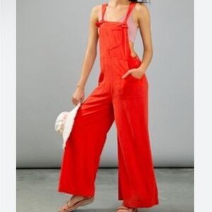 XS Anthropologie Romper Constance Red Wide-Leg Overalls Back Pocket Relaxed Fit
